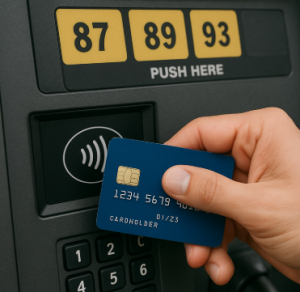 Hand holding a credit card, tapping to pay at a gas pump contactless reader